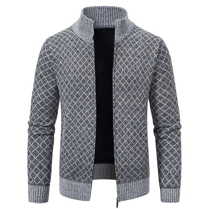 Plaid Print Jacket Cardigan Slim Fit Zipper Stand Collar Sweater-Bon Voyage Vintage