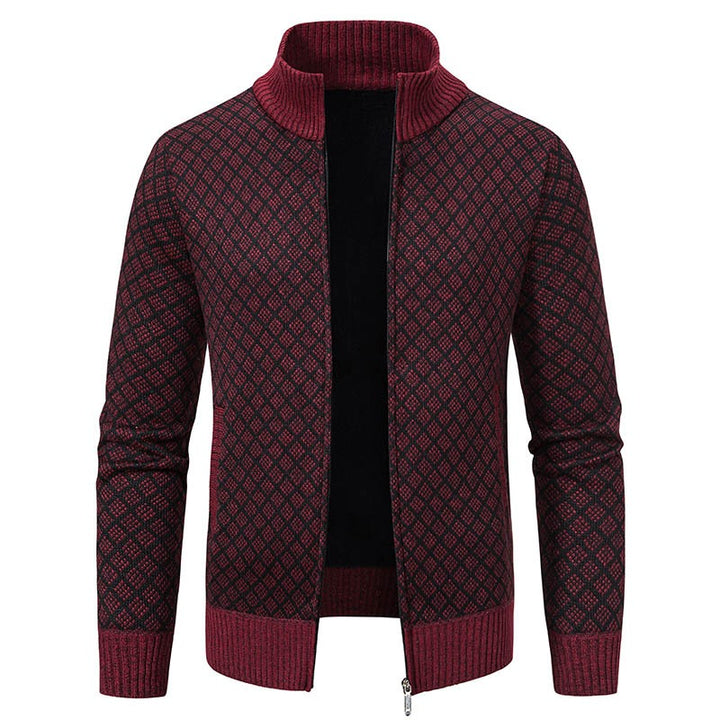 Plaid Print Jacket Cardigan Slim Fit Zipper Stand Collar Sweater-Bon Voyage Vintage