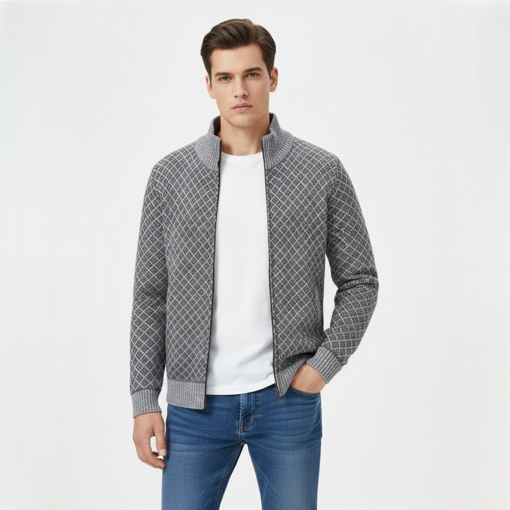 Plaid Print Jacket Cardigan Slim Fit Zipper Stand Collar Sweater-Bon Voyage Vintage