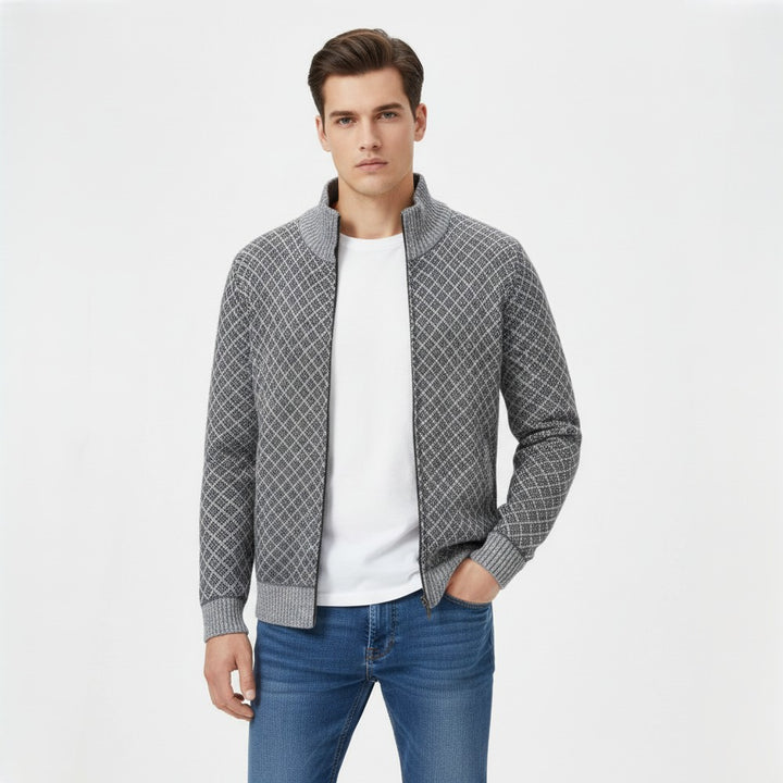 Plaid Print Jacket Cardigan Slim Fit Zipper Stand Collar Sweater-Bon Voyage Vintage