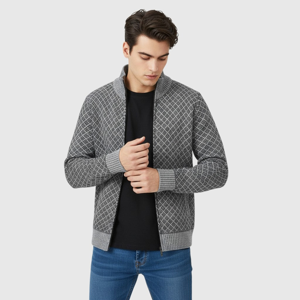 Plaid Print Jacket Cardigan Slim Fit Zipper Stand Collar Sweater-Bon Voyage Vintage