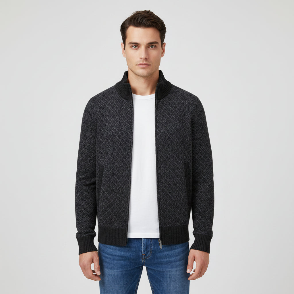 Plaid Print Jacket Cardigan Slim Fit Zipper Stand Collar Sweater-Bon Voyage Vintage