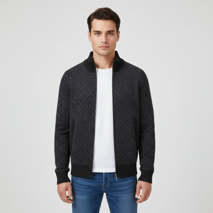 Plaid Print Jacket Cardigan Slim Fit Zipper Stand Collar Sweater-Bon Voyage Vintage