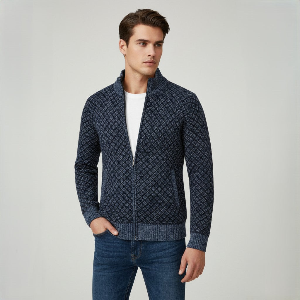 Plaid Print Jacket Cardigan Slim Fit Zipper Stand Collar Sweater-Bon Voyage Vintage