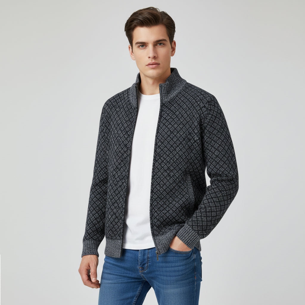 Plaid Print Jacket Cardigan Slim Fit Zipper Stand Collar Sweater-Bon Voyage Vintage