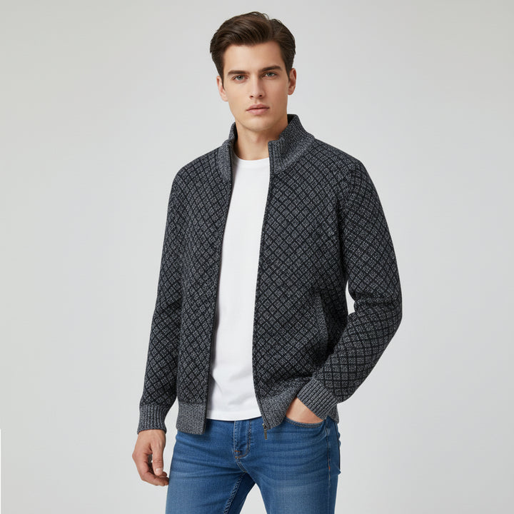Plaid Print Jacket Cardigan Slim Fit Zipper Stand Collar Sweater-Bon Voyage Vintage