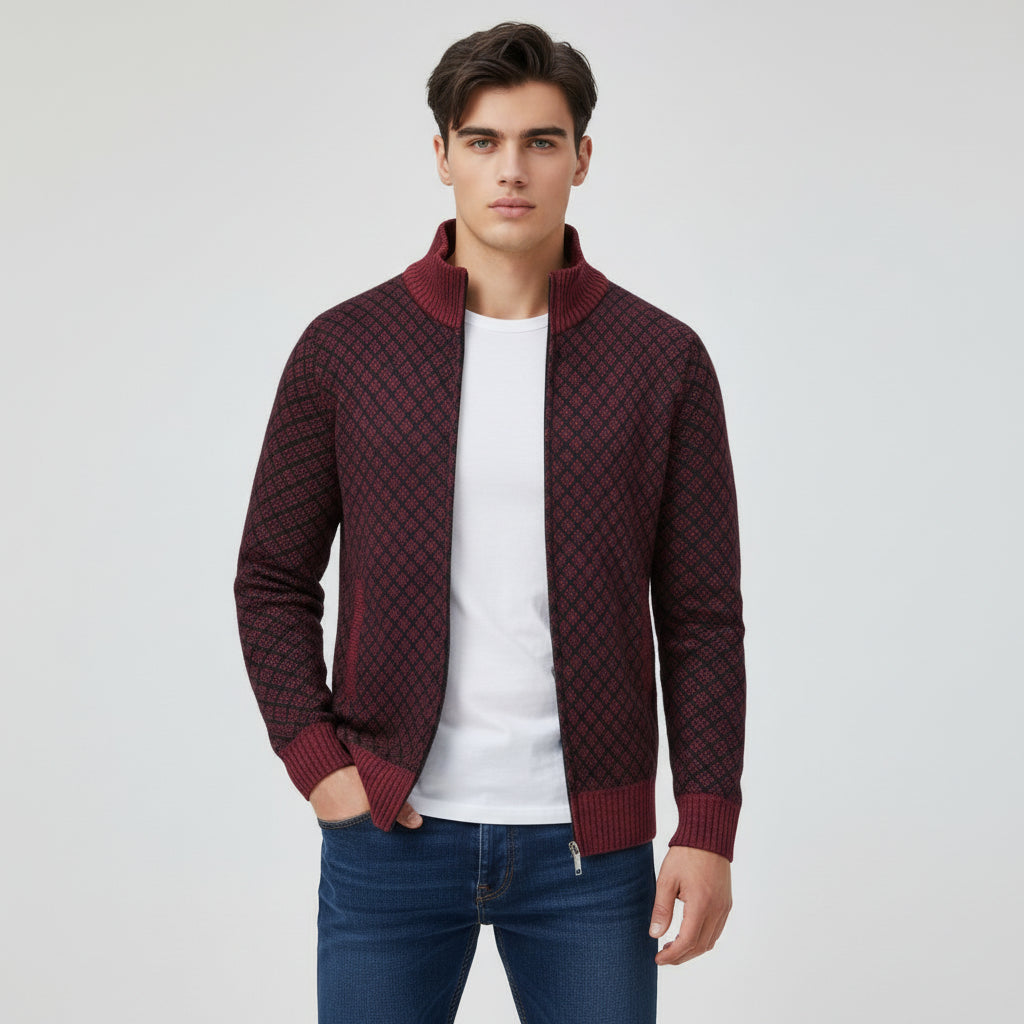 Plaid Print Jacket Cardigan Slim Fit Zipper Stand Collar Sweater-Bon Voyage Vintage