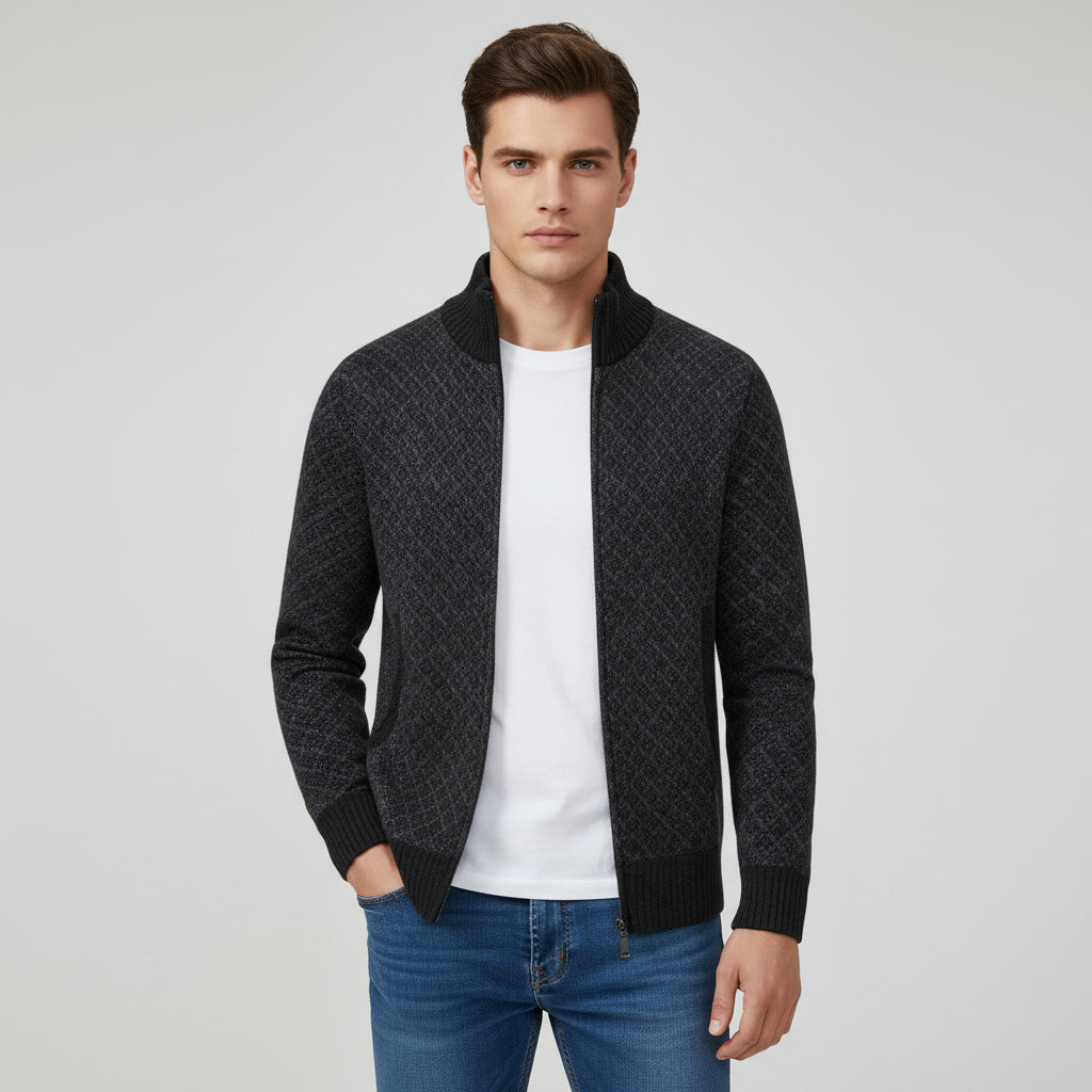 Plaid Print Jacket Cardigan Slim Fit Zipper Stand Collar Sweater-Bon Voyage Vintage