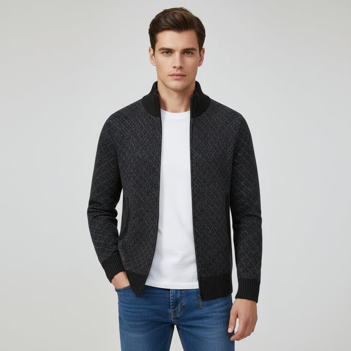 Plaid Print Jacket Cardigan Slim Fit Zipper Stand Collar Sweater-Bon Voyage Vintage