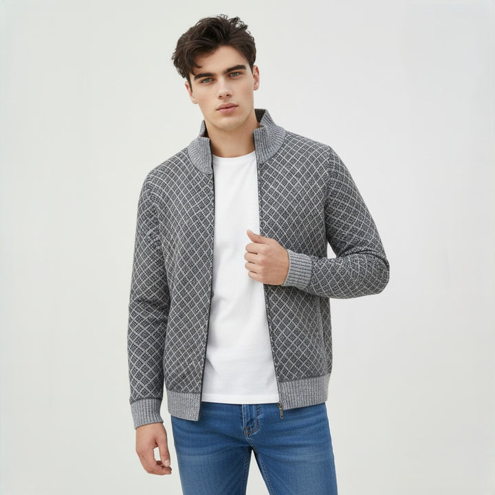 Plaid Print Jacket Cardigan Slim Fit Zipper Stand Collar Sweater-Bon Voyage Vintage