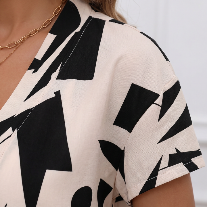 Printed Button Down Shirt and Drawstring Shorts for Women-Bon Voyage Vintage