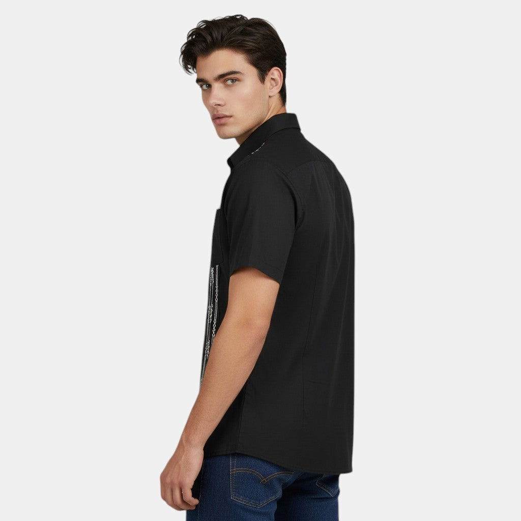 Short Sleeve Button-Up Shirt with Embroidered Vertical Detail-Bon Voyage Vintage