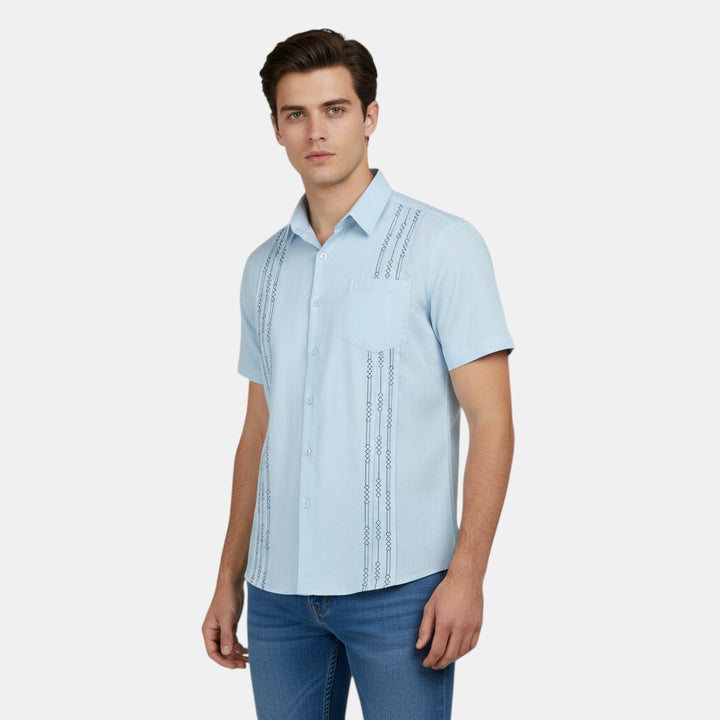 Short Sleeve Button-Up Shirt with Embroidered Vertical Detail-Bon Voyage Vintage