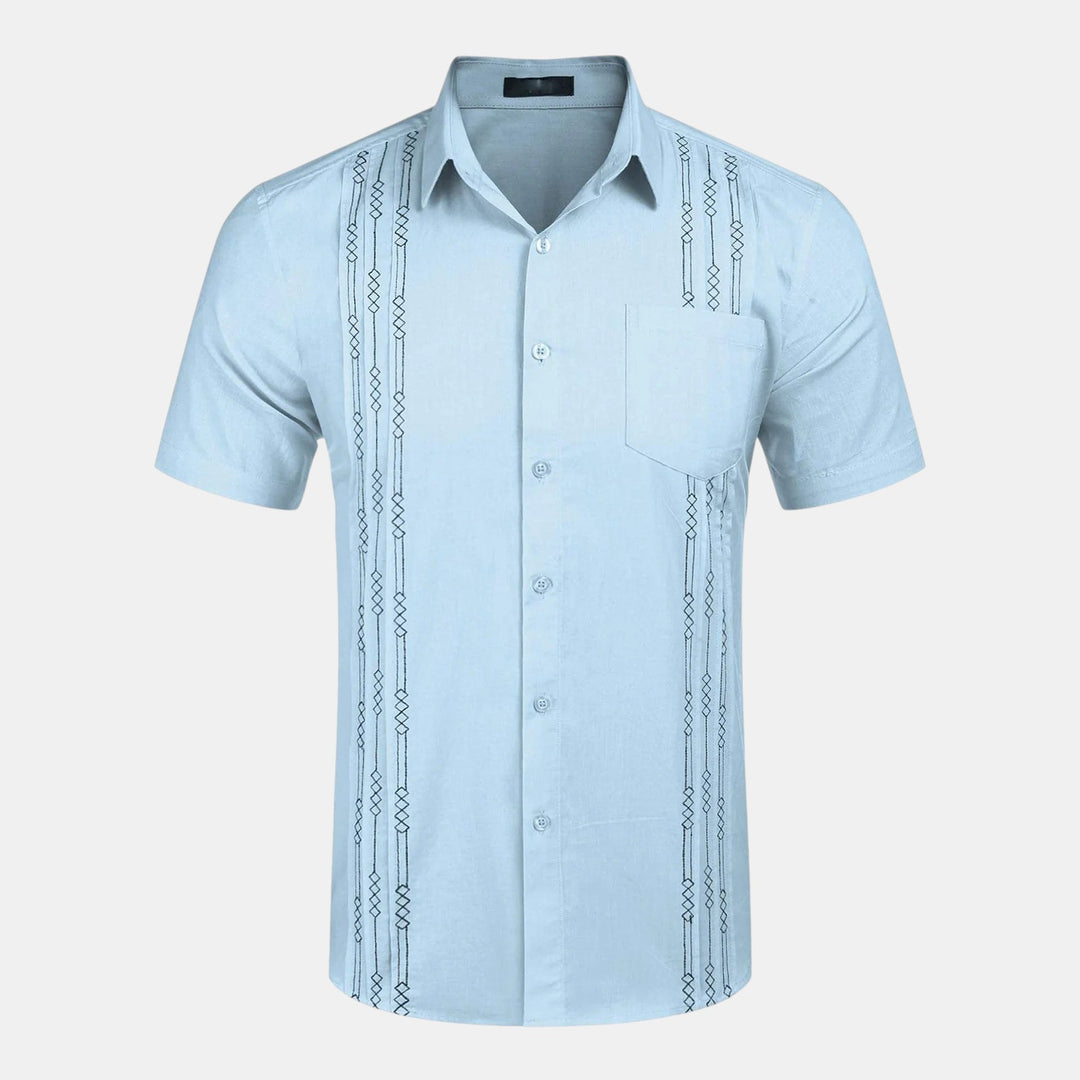Short Sleeve Button-Up Shirt with Embroidered Vertical Detail-Bon Voyage Vintage