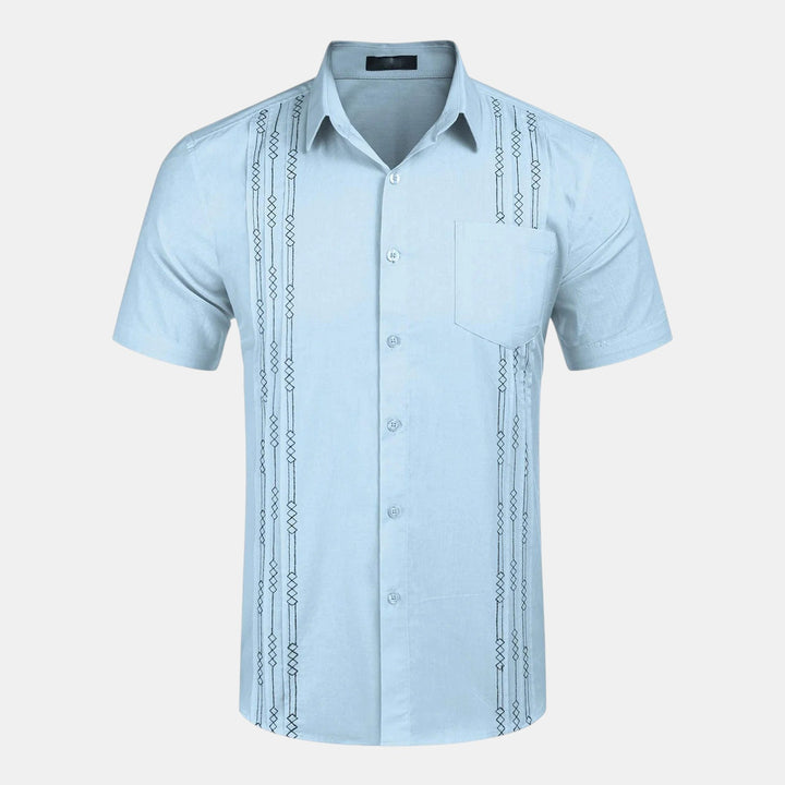 Short Sleeve Button-Up Shirt with Embroidered Vertical Detail-Bon Voyage Vintage