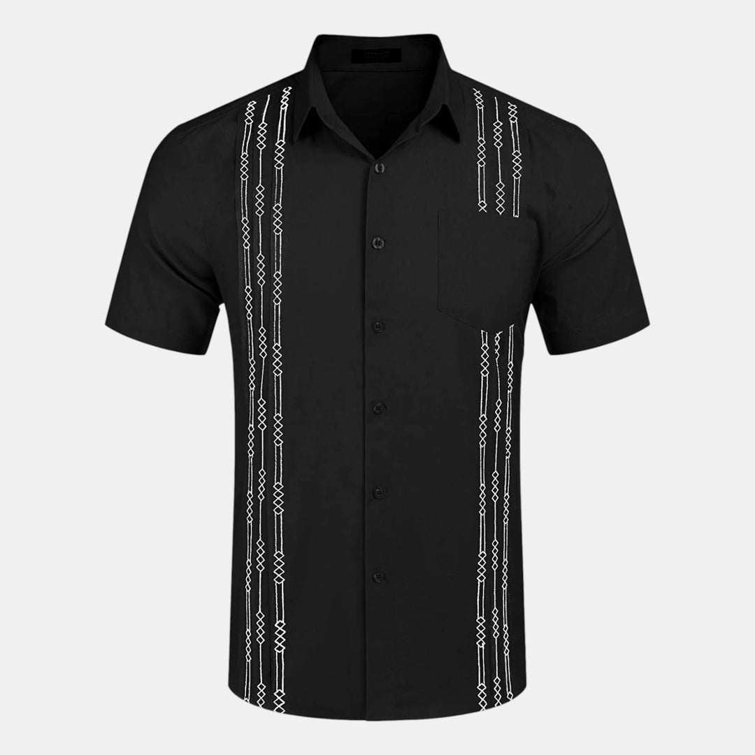 Short Sleeve Button-Up Shirt with Embroidered Vertical Detail-Bon Voyage Vintage
