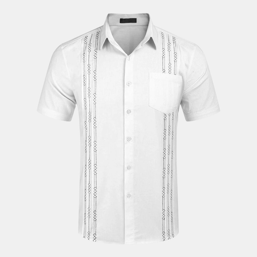 Short Sleeve Button-Up Shirt with Embroidered Vertical Detail-Bon Voyage Vintage