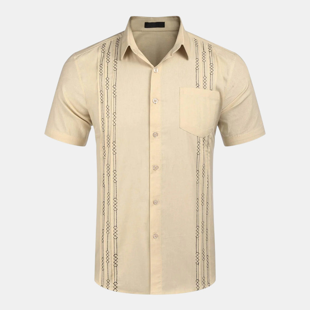 Short Sleeve Button-Up Shirt with Embroidered Vertical Detail-Bon Voyage Vintage