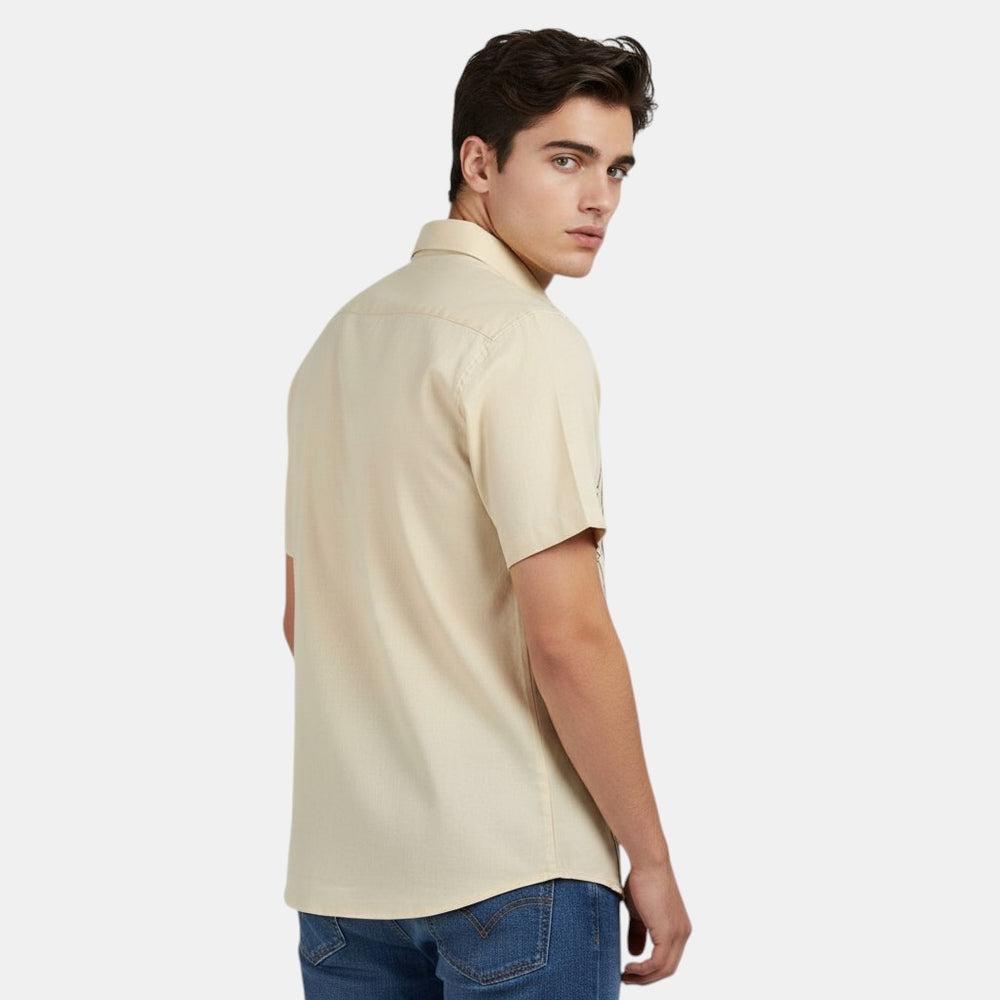 Short Sleeve Button-Up Shirt with Embroidered Vertical Detail-Bon Voyage Vintage