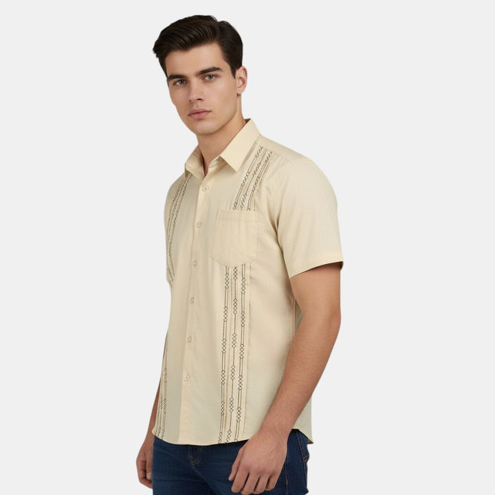 Short Sleeve Button-Up Shirt with Embroidered Vertical Detail-Bon Voyage Vintage