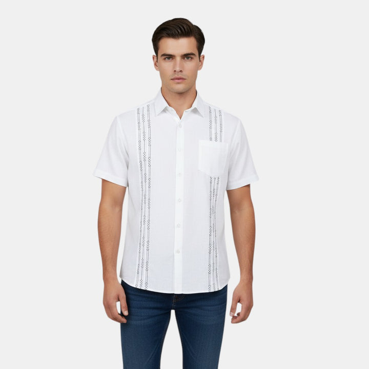 Short Sleeve Button-Up Shirt with Embroidered Vertical Detail-Bon Voyage Vintage