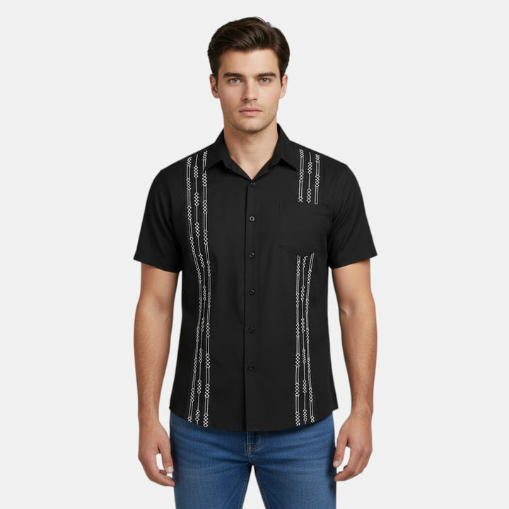 Short Sleeve Button-Up Shirt with Embroidered Vertical Detail-Bon Voyage Vintage