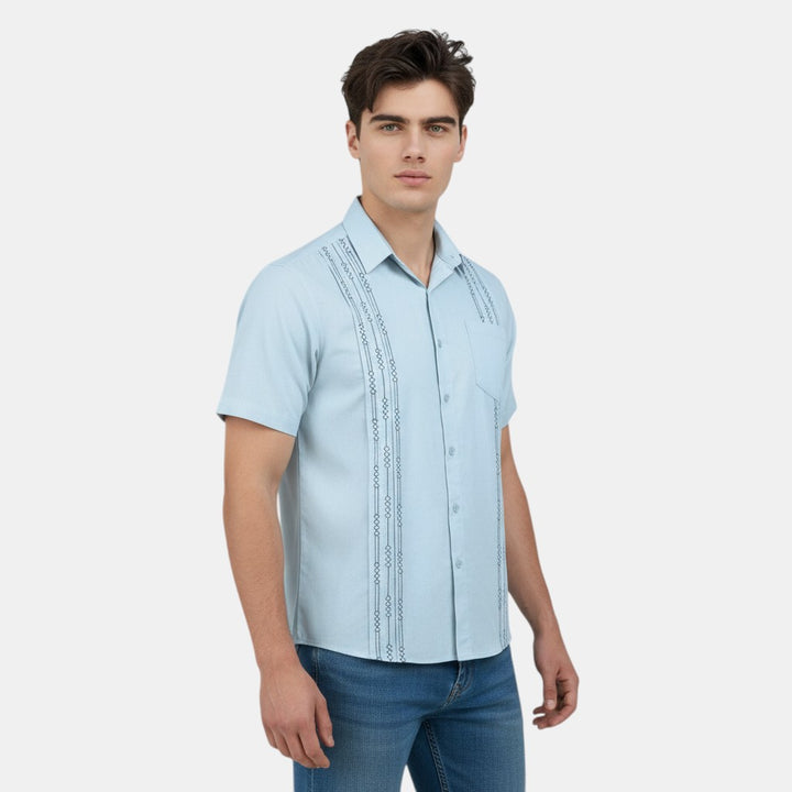 Short Sleeve Button-Up Shirt with Embroidered Vertical Detail-Bon Voyage Vintage