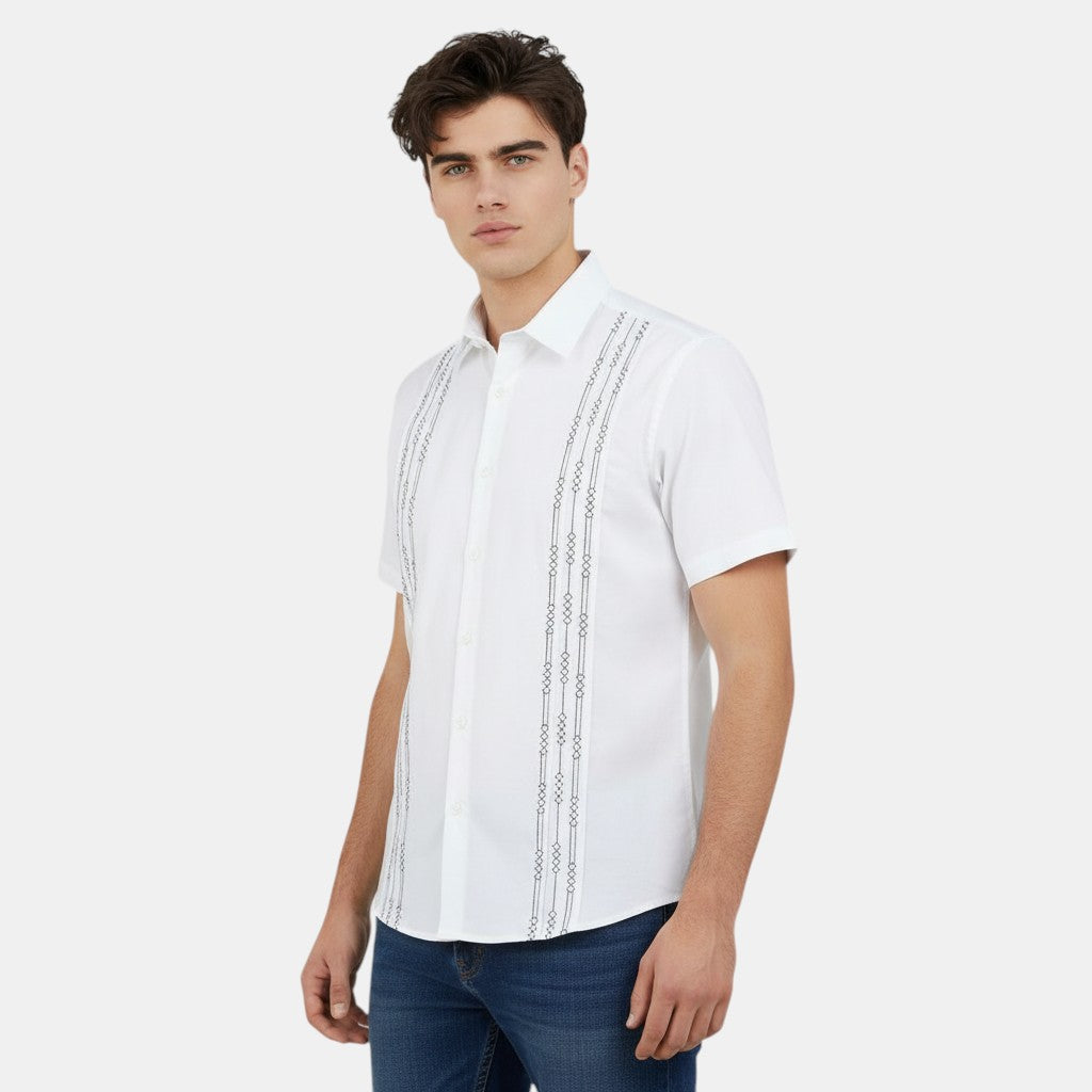 Short Sleeve Button-Up Shirt with Embroidered Vertical Detail-Bon Voyage Vintage