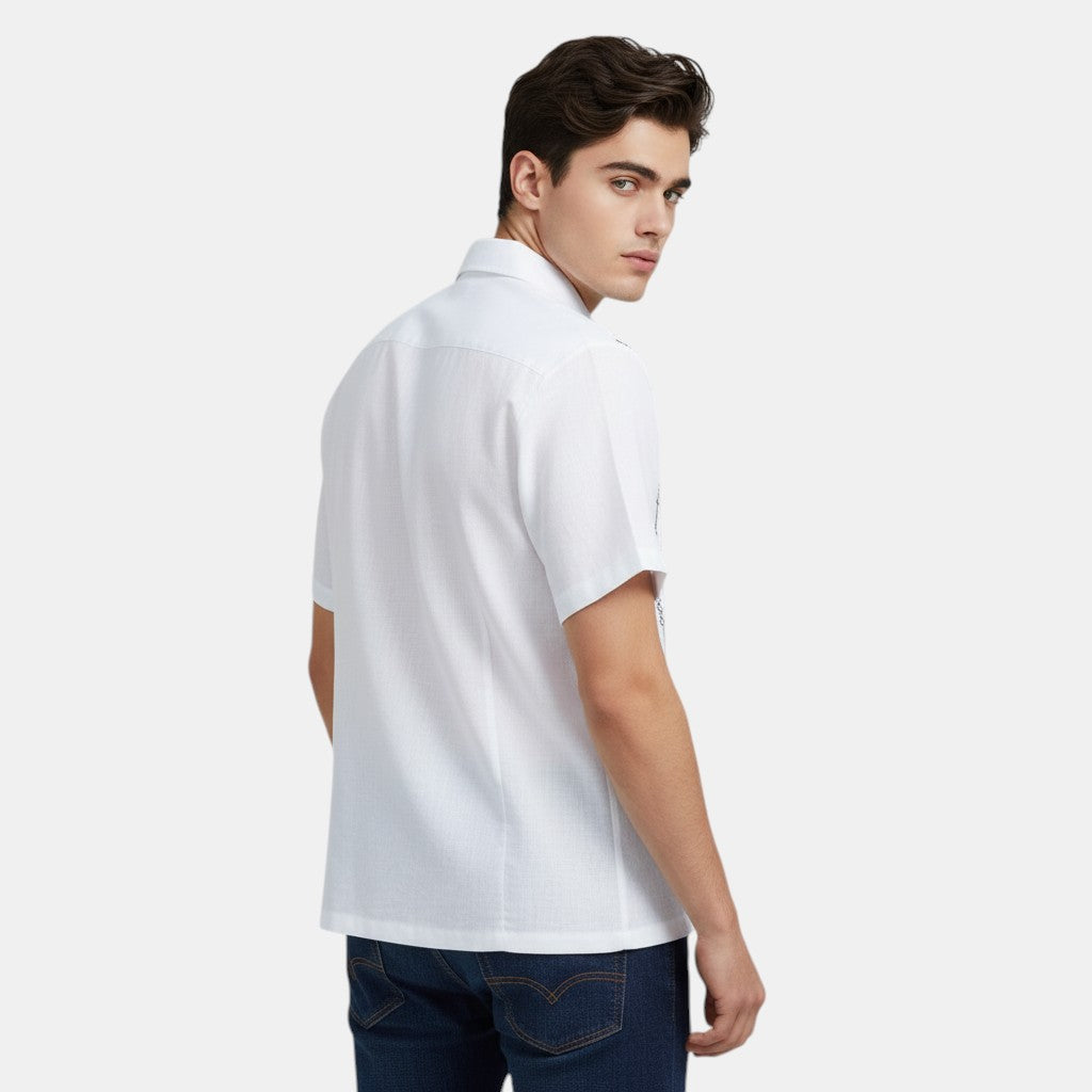 Short Sleeve Button-Up Shirt with Embroidered Vertical Detail-Bon Voyage Vintage