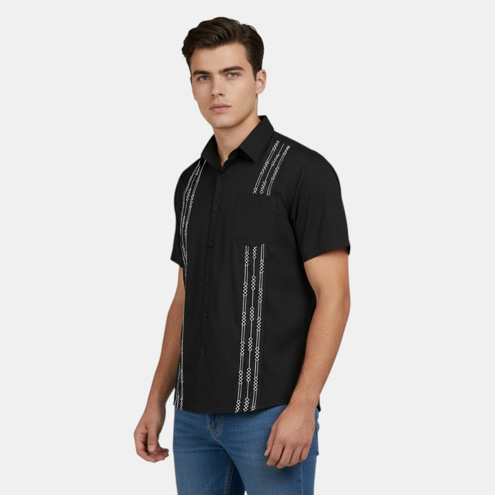 Short Sleeve Button-Up Shirt with Embroidered Vertical Detail-Bon Voyage Vintage