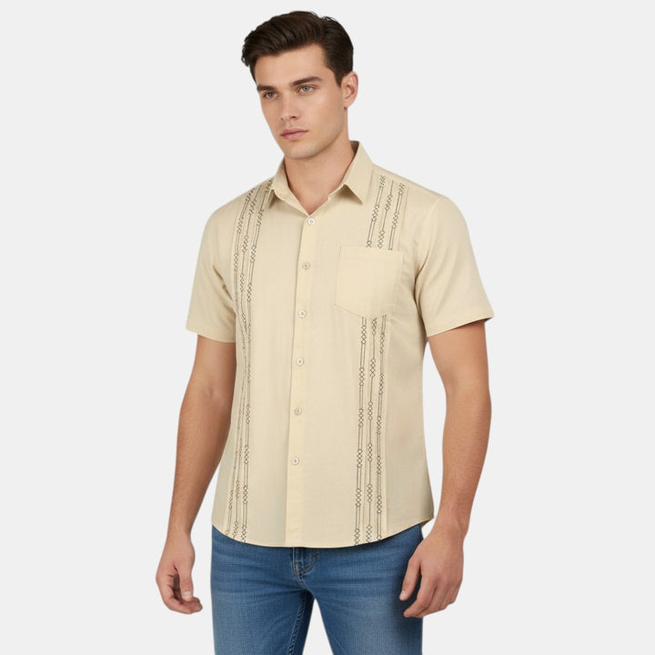Short Sleeve Button-Up Shirt with Embroidered Vertical Detail-Bon Voyage Vintage