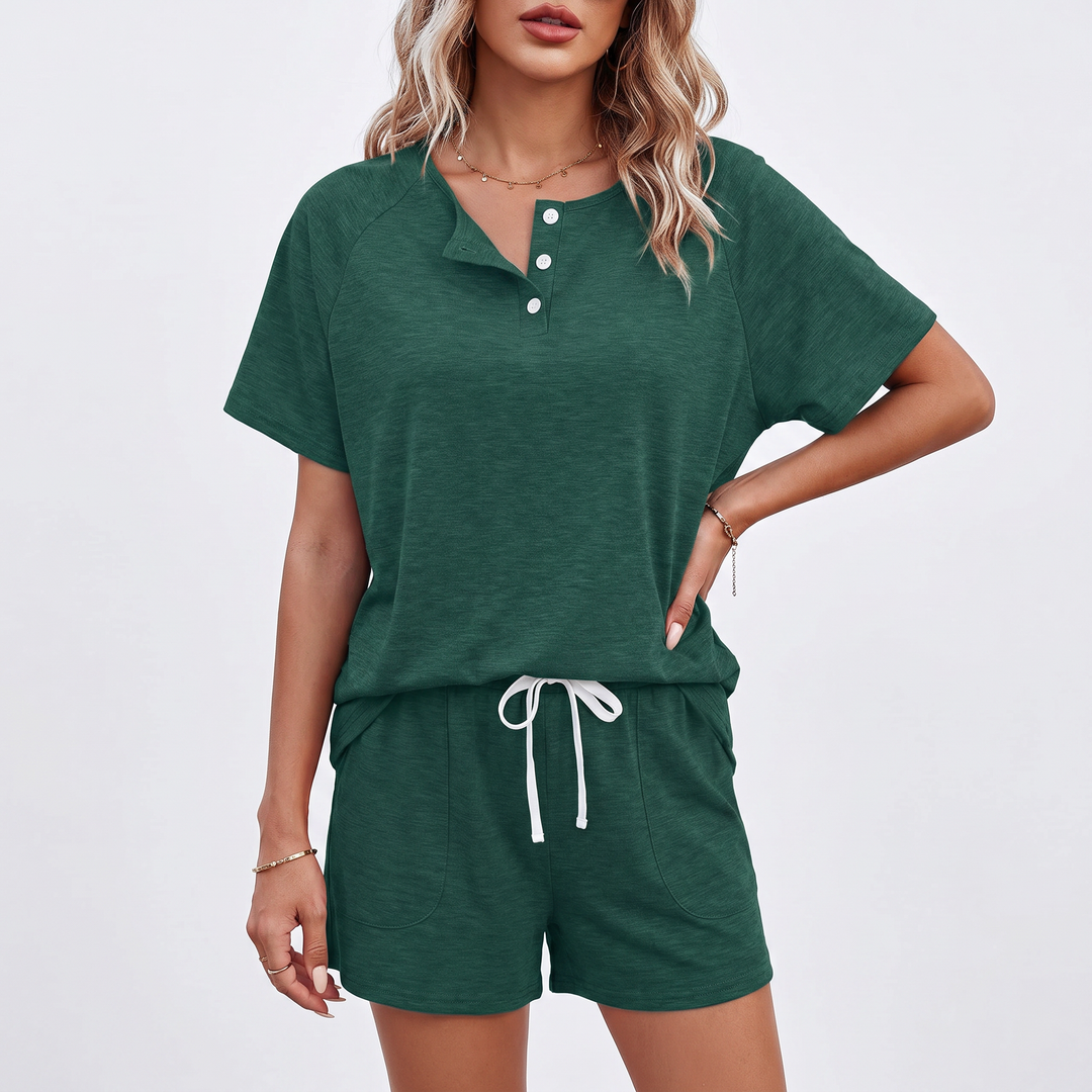 Short Sleeve Top and Drawstring Shorts Two Piece Lounge Set-Bon Voyage Vintage