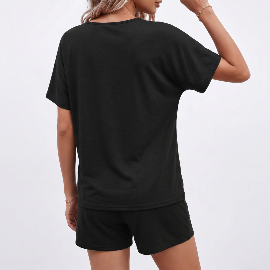 Short Sleeve Top and Drawstring Shorts Two Piece Lounge Set-Bon Voyage Vintage