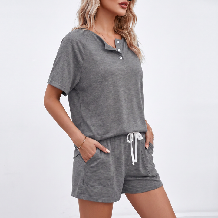 Short Sleeve Top and Drawstring Shorts Two Piece Lounge Set-Bon Voyage Vintage