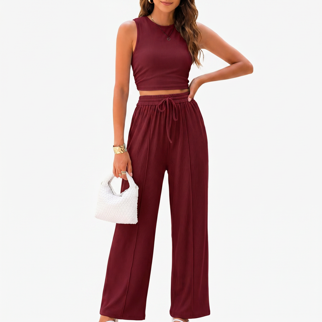 Sleeveless Top and Wide Leg Trousers Two Piece Set for Women-Bon Voyage Vintage