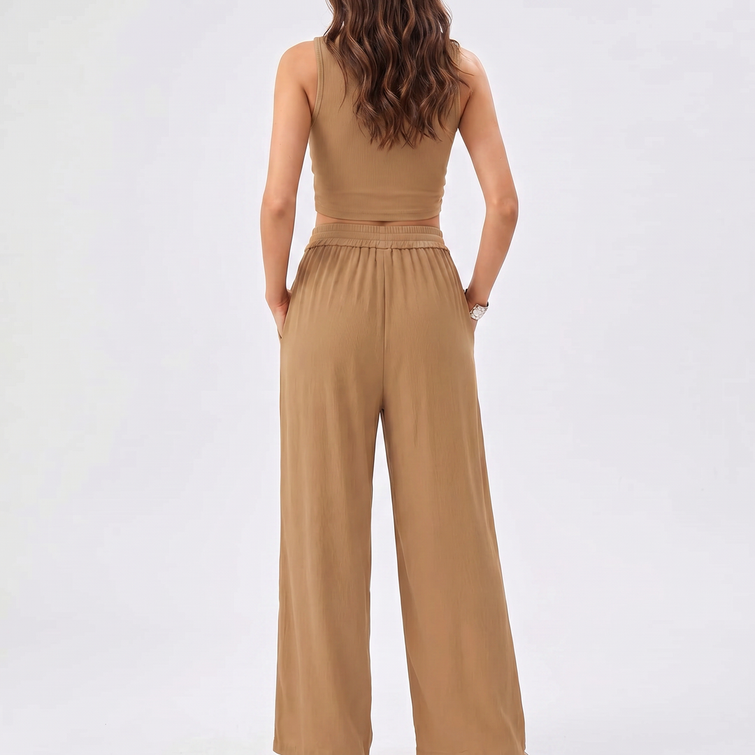 Sleeveless Top and Wide Leg Trousers Two Piece Set for Women-Bon Voyage Vintage