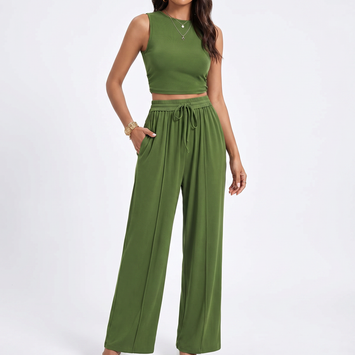 Sleeveless Top and Wide Leg Trousers Two Piece Set for Women-Bon Voyage Vintage