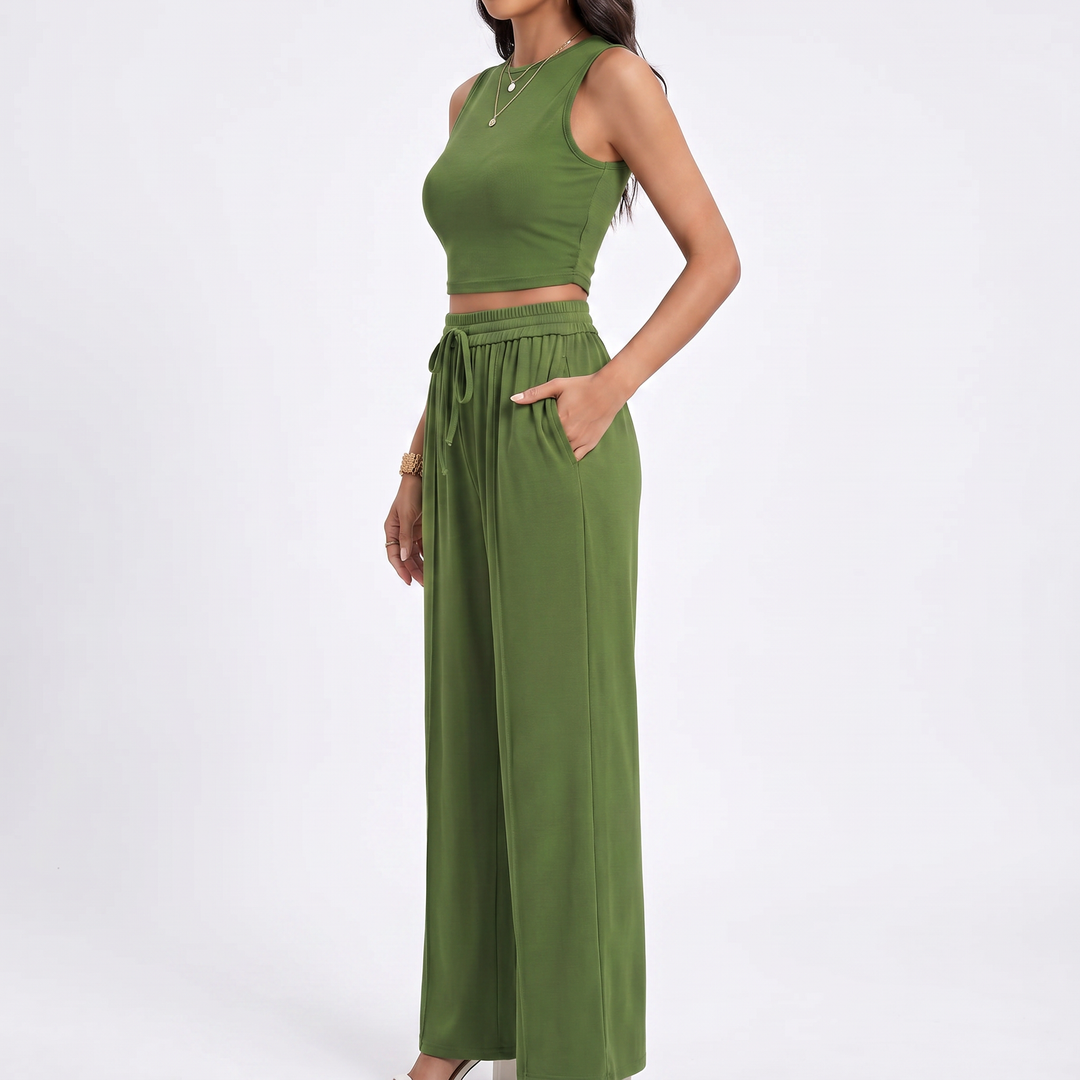 Sleeveless Top and Wide Leg Trousers Two Piece Set for Women-Bon Voyage Vintage