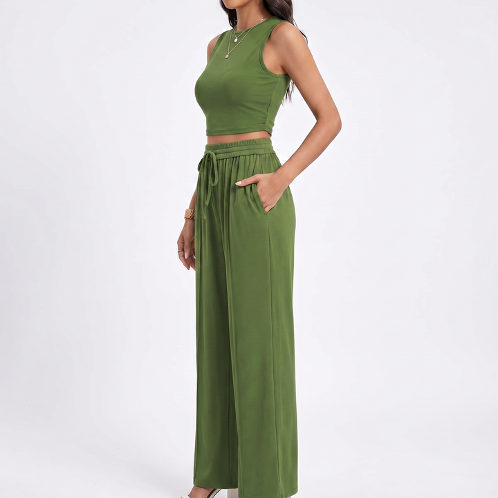 Sleeveless Top and Wide Leg Trousers Two Piece Set for Women-Bon Voyage Vintage