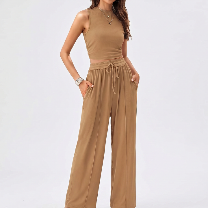 Sleeveless Top and Wide Leg Trousers Two Piece Set for Women-Bon Voyage Vintage
