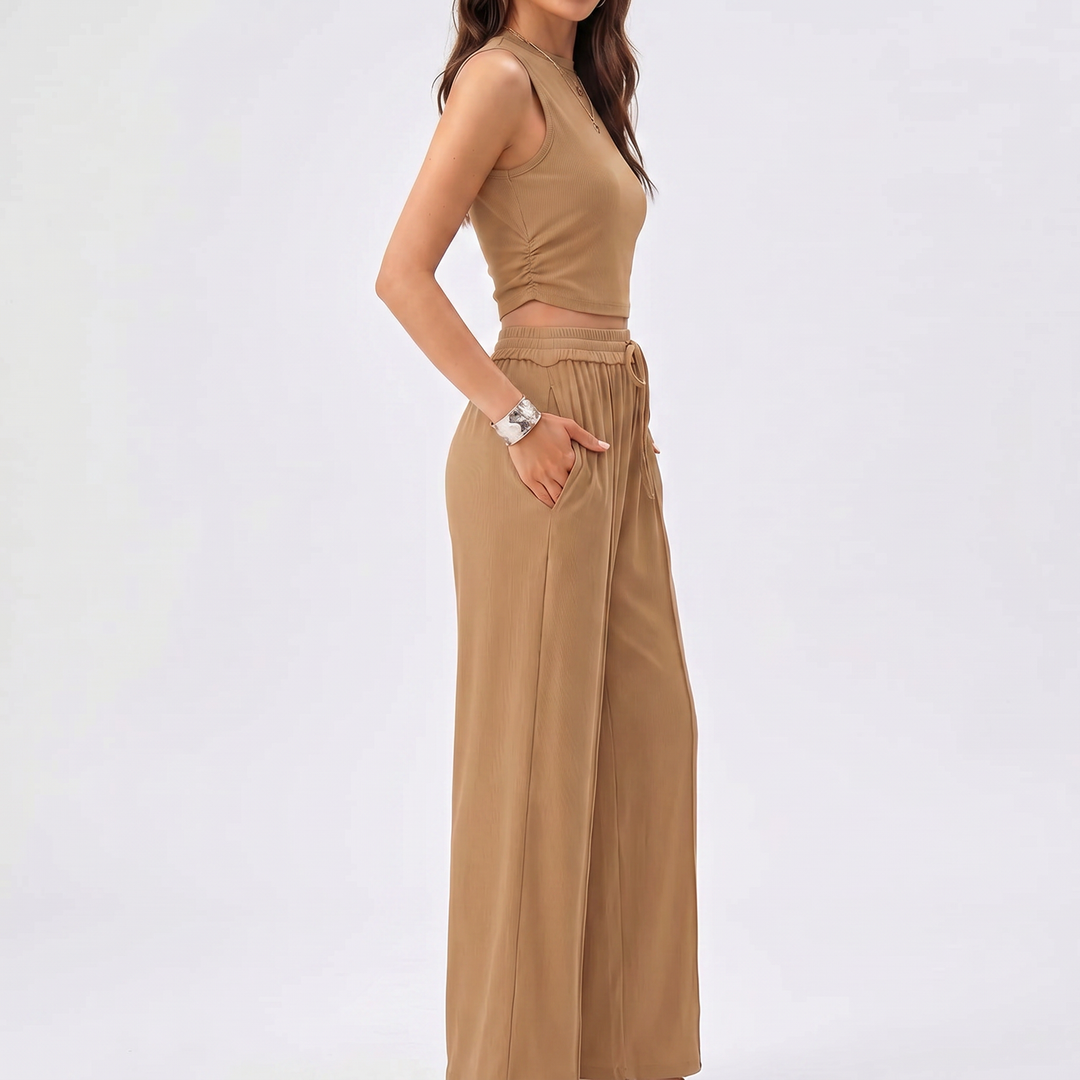 Sleeveless Top and Wide Leg Trousers Two Piece Set for Women-Bon Voyage Vintage