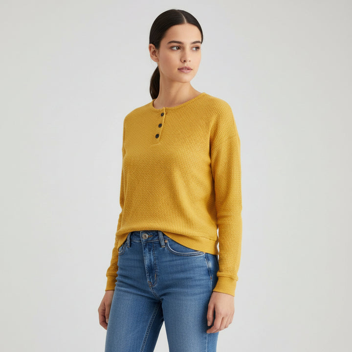 Waffle Long Sleeve T-Shirt Solid Color Round Neck Pullover Top-Bon Voyage Vintage