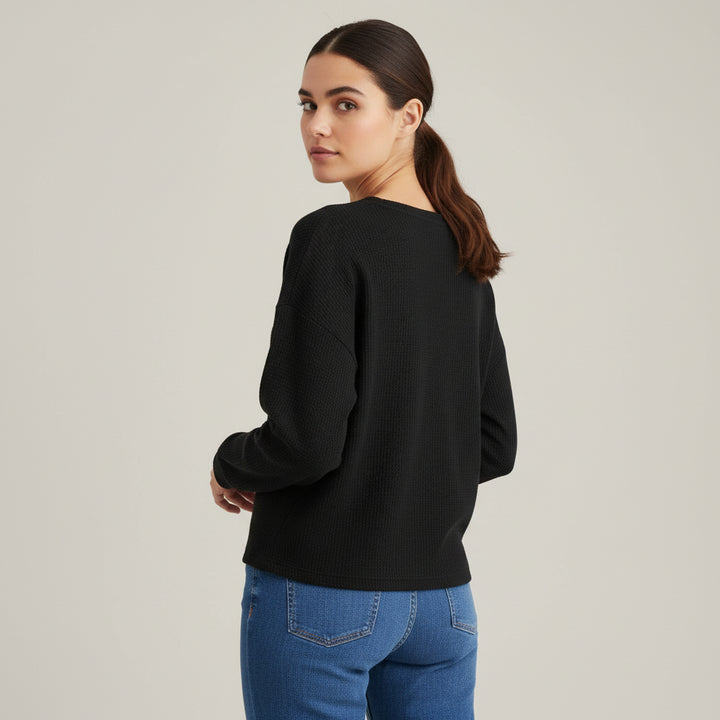 Waffle Long Sleeve T-Shirt Solid Color Round Neck Pullover Top-Bon Voyage Vintage