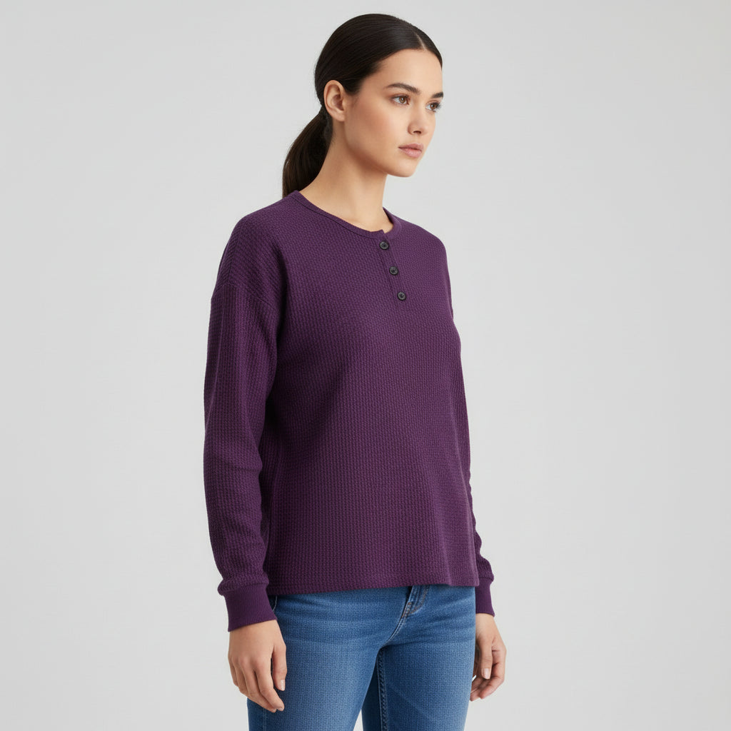 Waffle Long Sleeve T-Shirt Solid Color Round Neck Pullover Top-Bon Voyage Vintage
