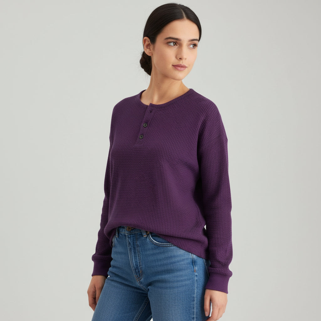 Waffle Long Sleeve T-Shirt Solid Color Round Neck Pullover Top-Bon Voyage Vintage