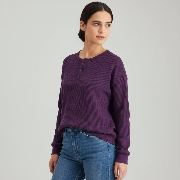 Waffle Long Sleeve T-Shirt Solid Color Round Neck Pullover Top-Bon Voyage Vintage