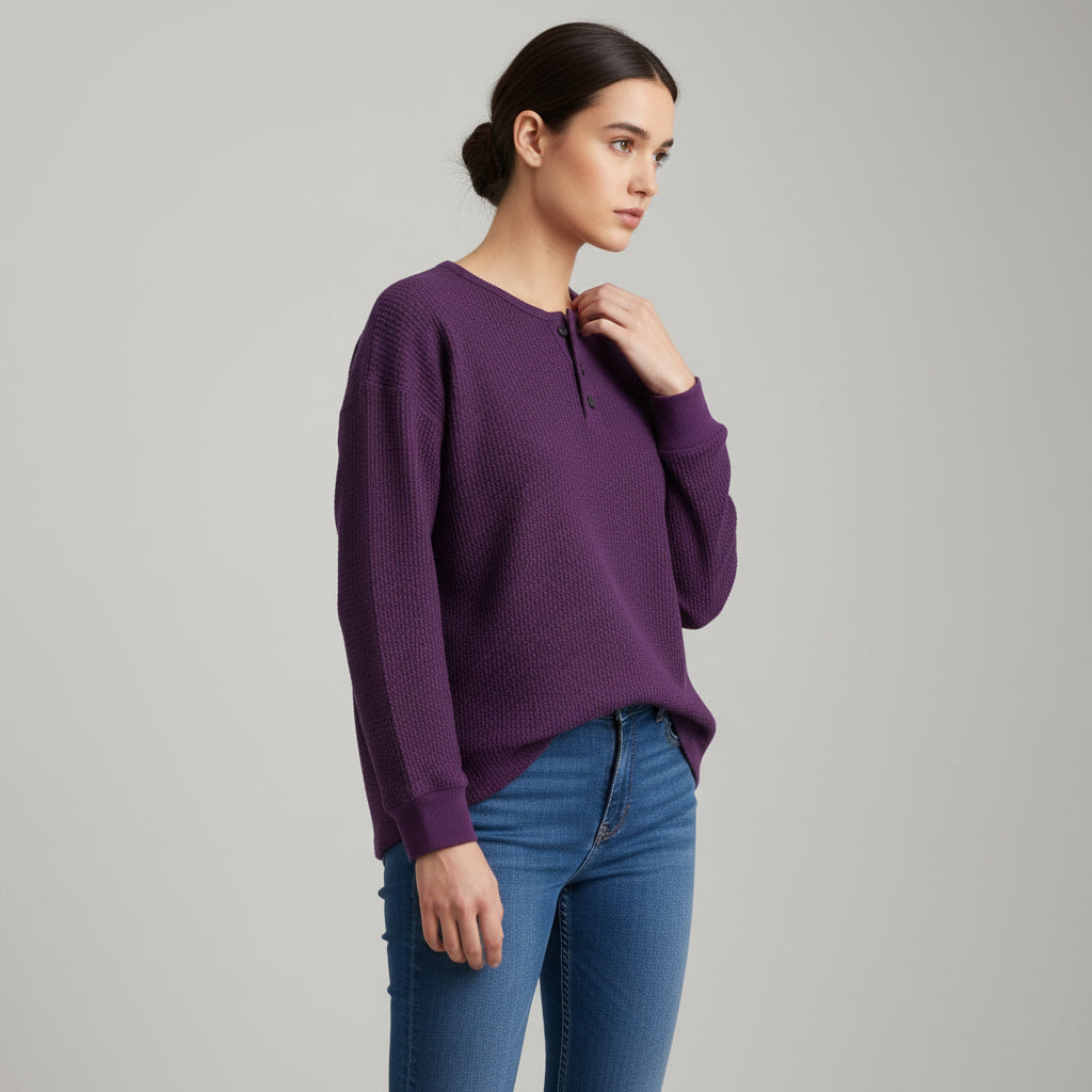 Waffle Long Sleeve T-Shirt Solid Color Round Neck Pullover Top-Bon Voyage Vintage