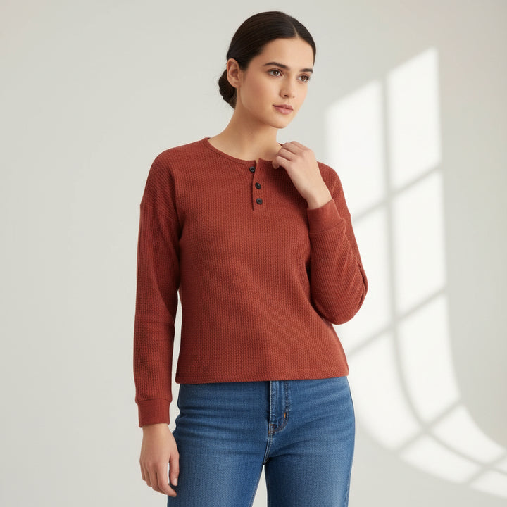 Waffle Long Sleeve T-Shirt Solid Color Round Neck Pullover Top-Bon Voyage Vintage
