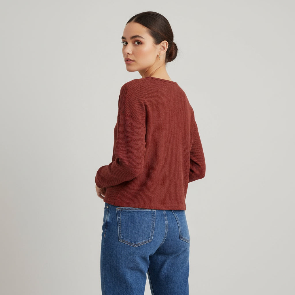 Waffle Long Sleeve T-Shirt Solid Color Round Neck Pullover Top-Bon Voyage Vintage