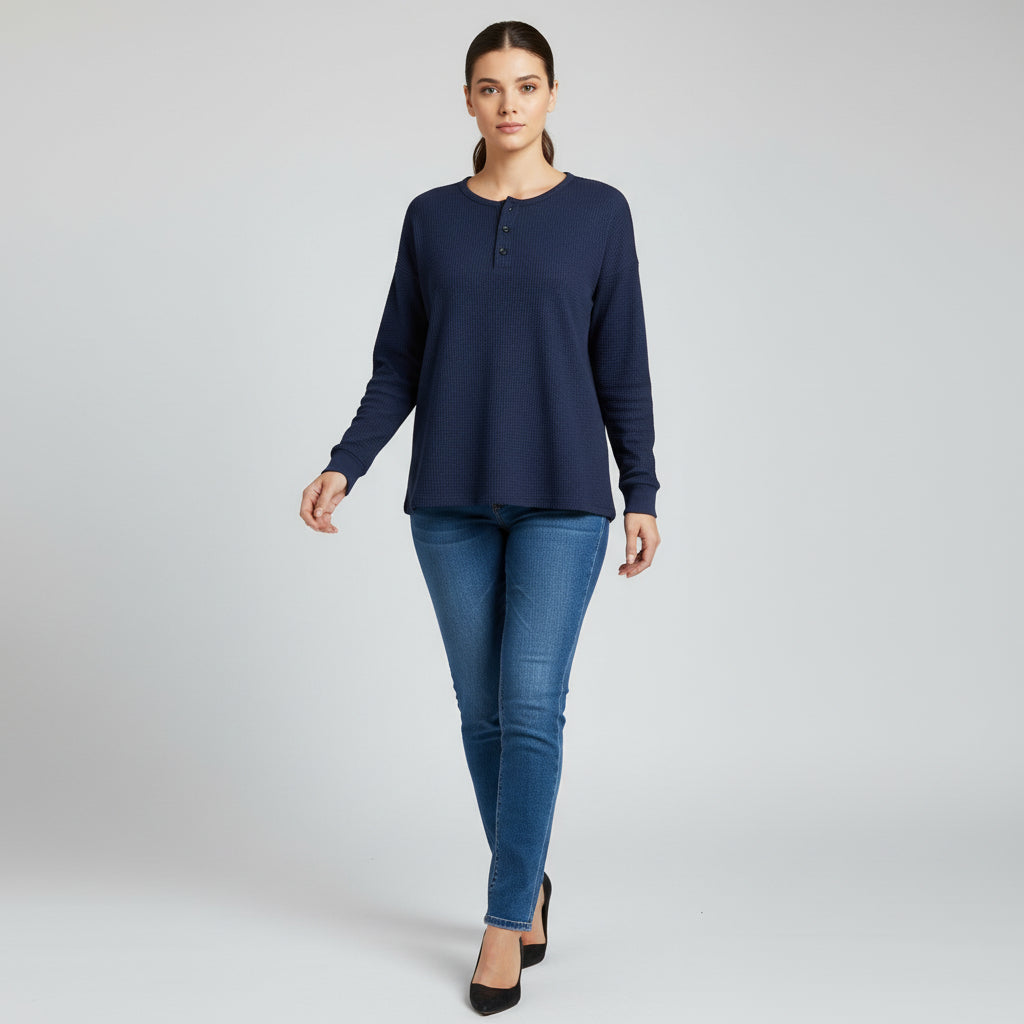 Waffle Long Sleeve T-Shirt Solid Color Round Neck Pullover Top-Bon Voyage Vintage